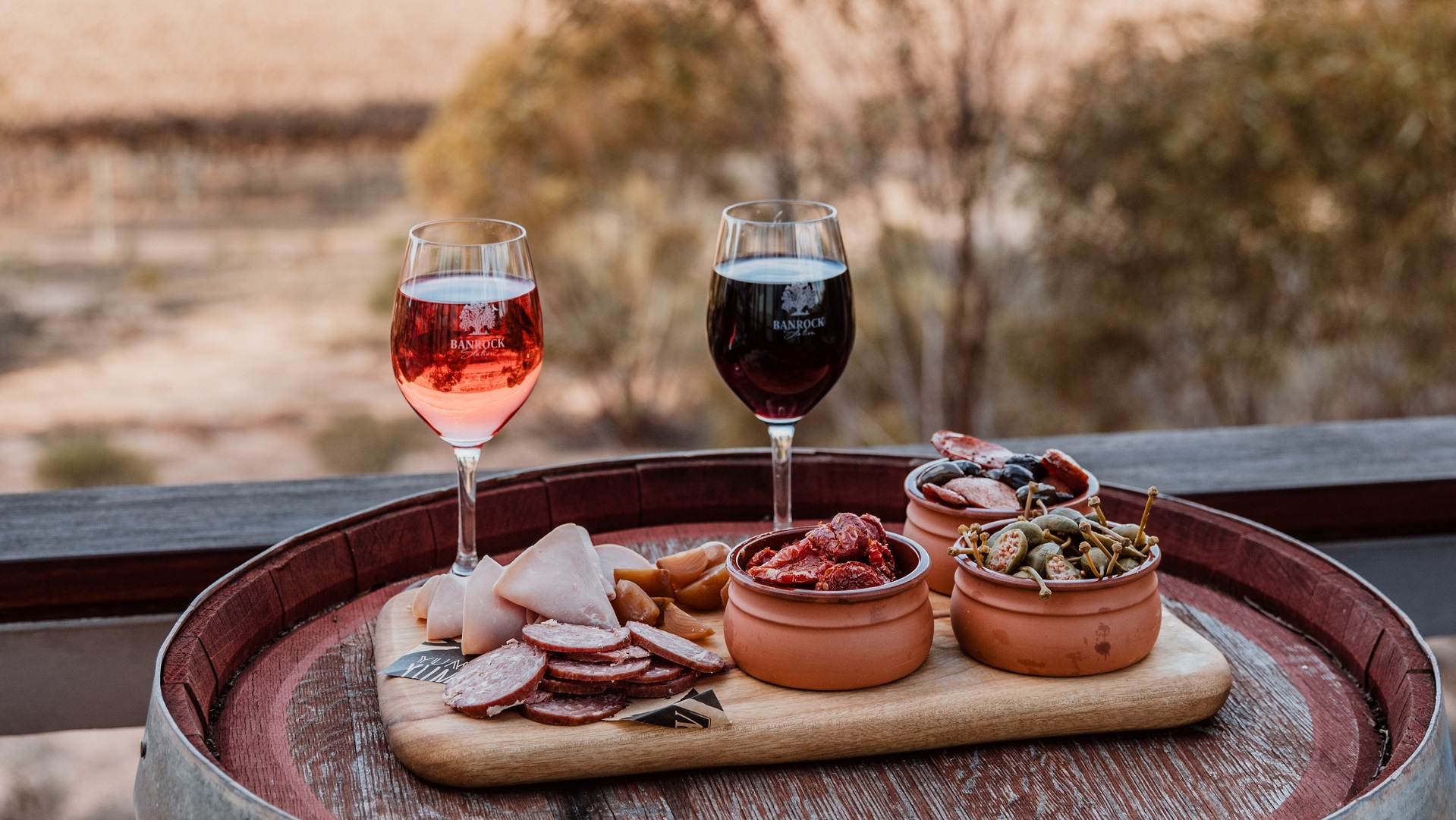 a wine and produce platter at Banrock Station on the Riverland